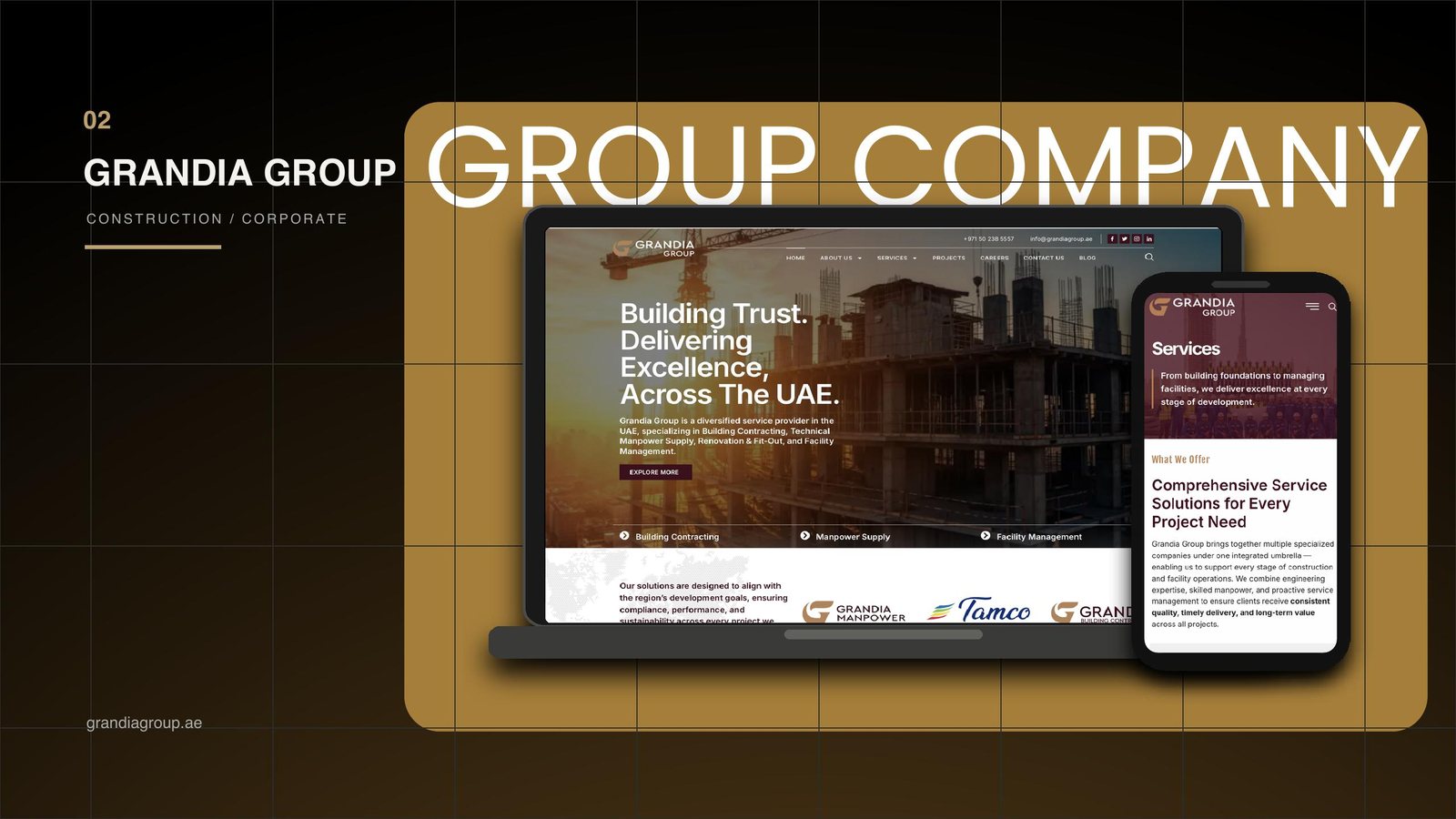 Grandia Group corporate website design UAE, construction company website, business group branding